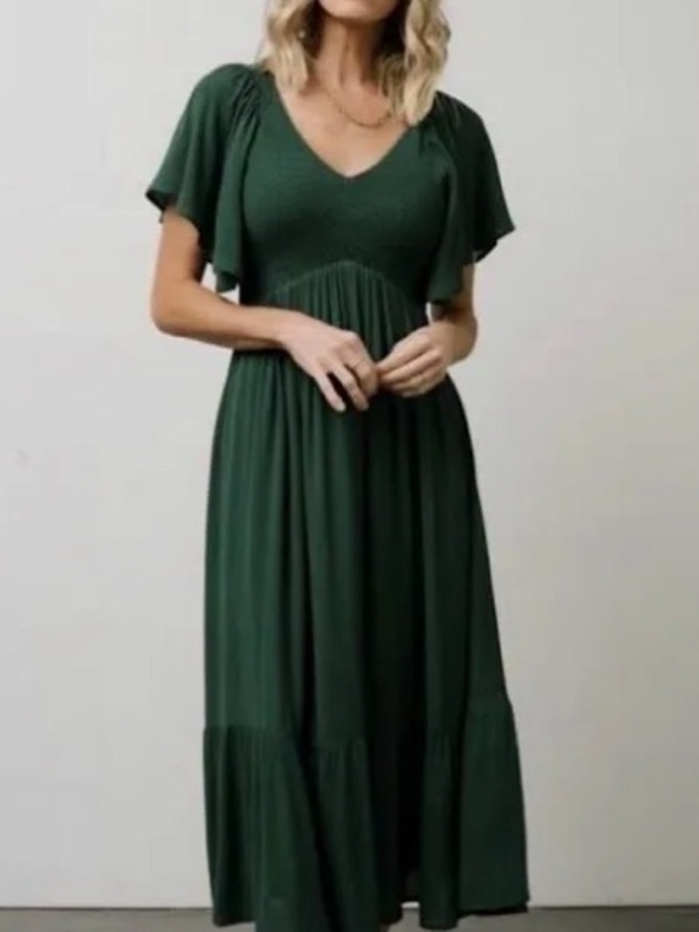 Baltic Born Dark Green V-Neck Flutter Sleeve Midi Dress